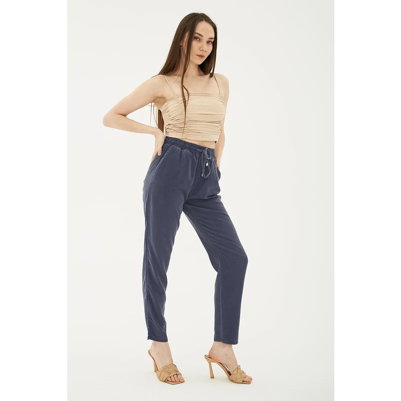 Fashion Friends % 100 Tencel Yüksek Bel Rahat Kesim Yumuşak Dokulu Bayan Pantolon 23y0477k1 Mavi