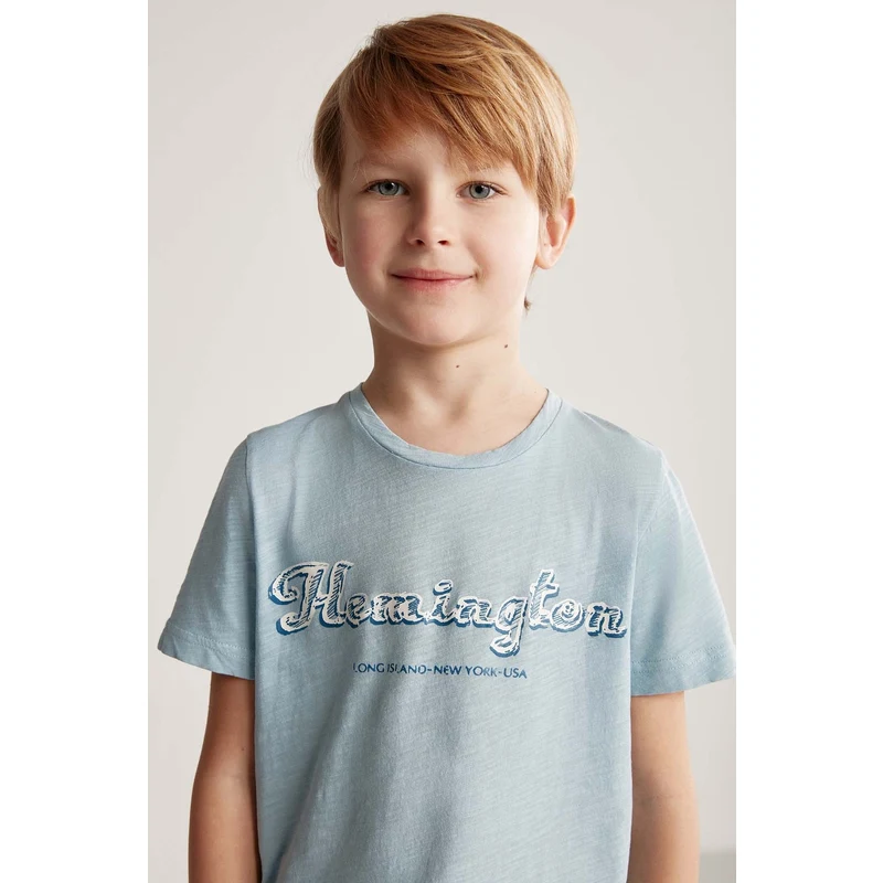 Hemington Nakış Logolu Bisiklet Yaka Mavi Pamuk Çocuk T-Shirt