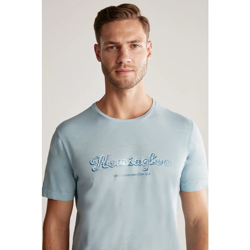 Hemington Nakış Logolu Bisiklet Yaka Mavi Pamuk T-Shirt Hemington Nakış Logolu Bisiklet Yaka Mavi Pamuk T-Shirt
