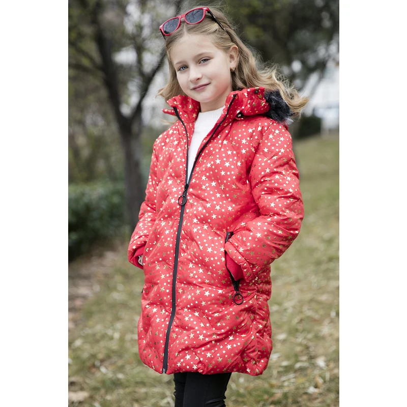 Lela Yakası Suni Kürklü Yıldız Desenli Çıkarılabilir Kapüşonlu Peluş Astarlı Kışlık Kız Çocuk Mont 5760031 Kırmızı