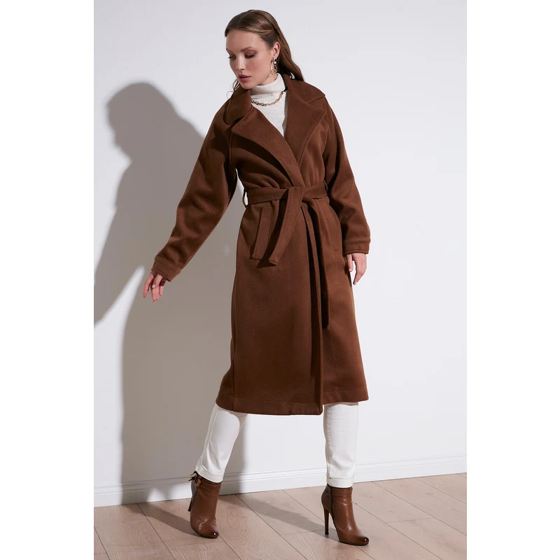 Lela Oversize Kemerli Cepli Kışlık Bayan Kaban 42190454 Kahve