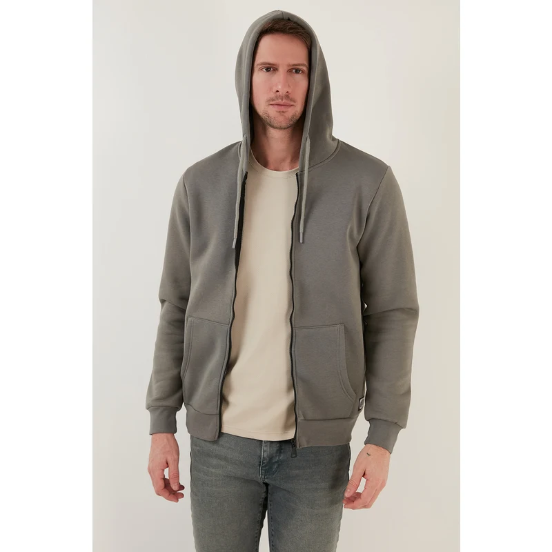 Buratti Slim Fit Kapüşonlu Fermuarlı İçi Tüylü Yumuşak Şardonlu Kışlık Erkek Sweat 5905340 Açık Haki