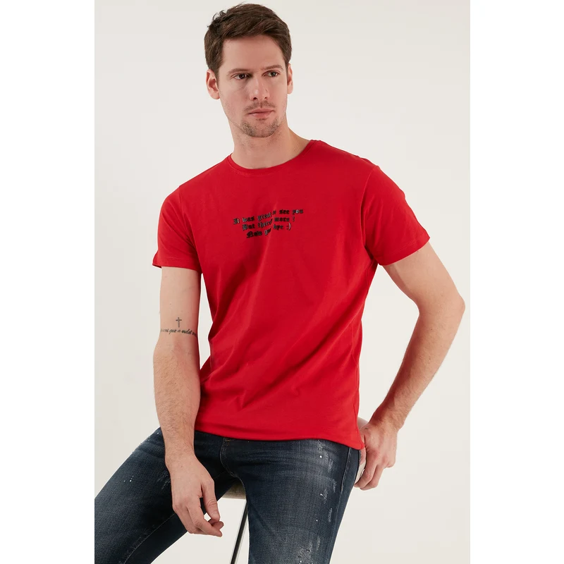 Buratti Yazı Baskılı Bisiklet Yaka % 100 Pamuk Slim Fit Erkek T Shirt 541themas Kırmızı