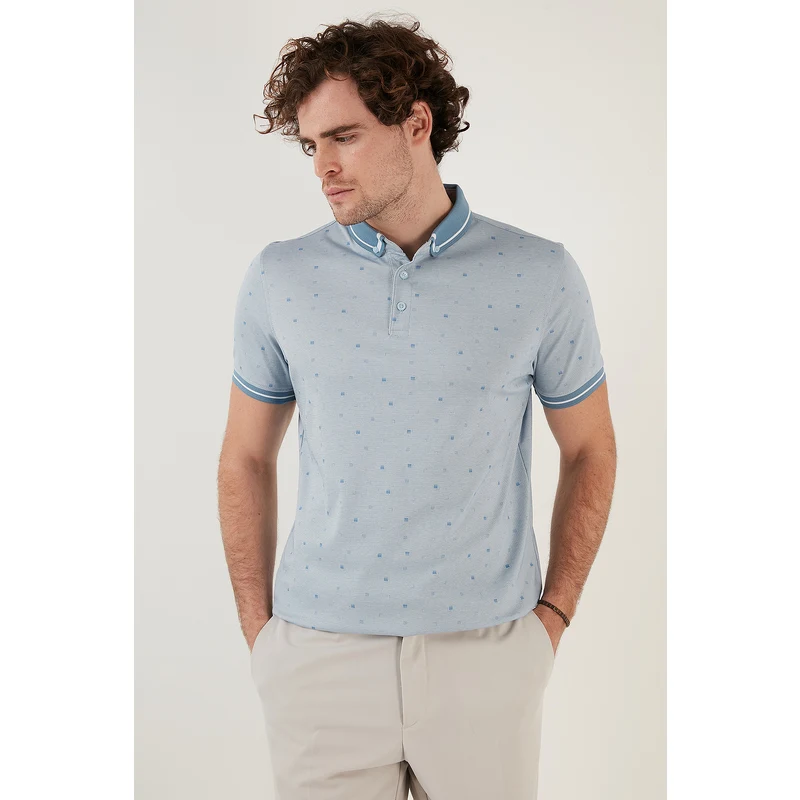 Buratti Pamuk Karışımlı Desenli Slim Fit Erkek Polo T Shirt 646b3210 Açık Mavi