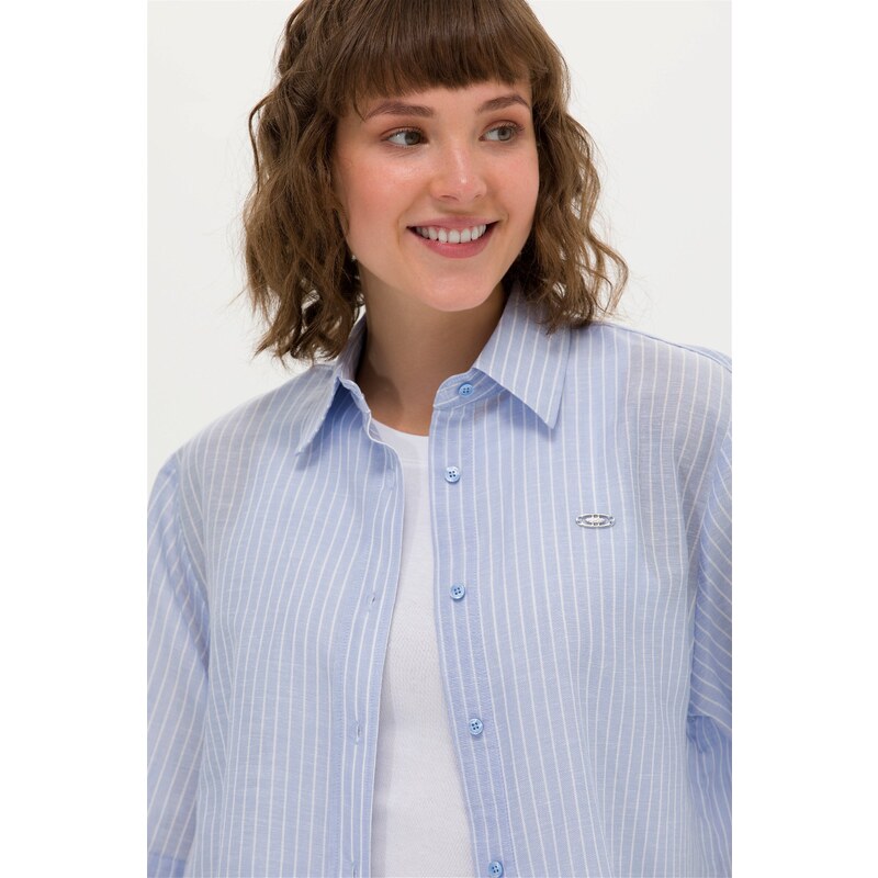 U.S. Polo Assn. Kadın Mavi Keten Görrünümlü Kısa Kollu Gömlek