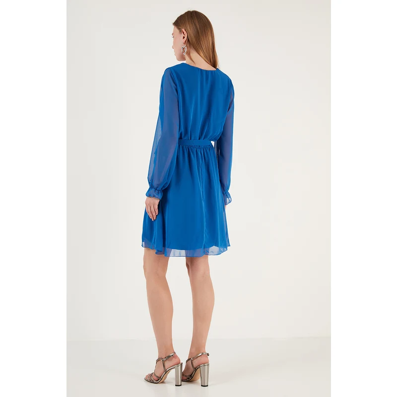 Lela Kruvaze Yaka Bağlama Detaylı Şifon Mini Bayan Elbise 6051467 Mavi UB9577