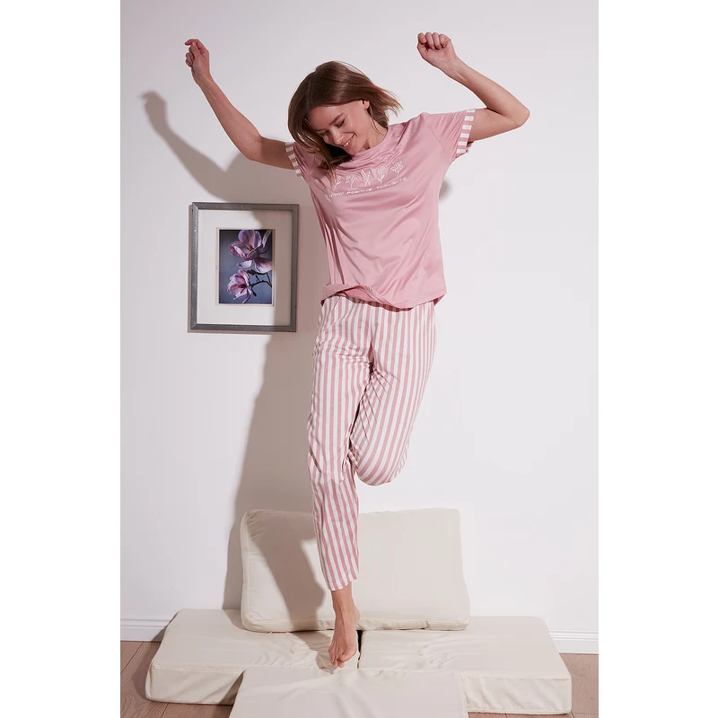 Lela Bambu Karışımlı Yumuşak Dokulu Bisiklet Yaka Bayan Pijama Takımı 6097605 Pudra