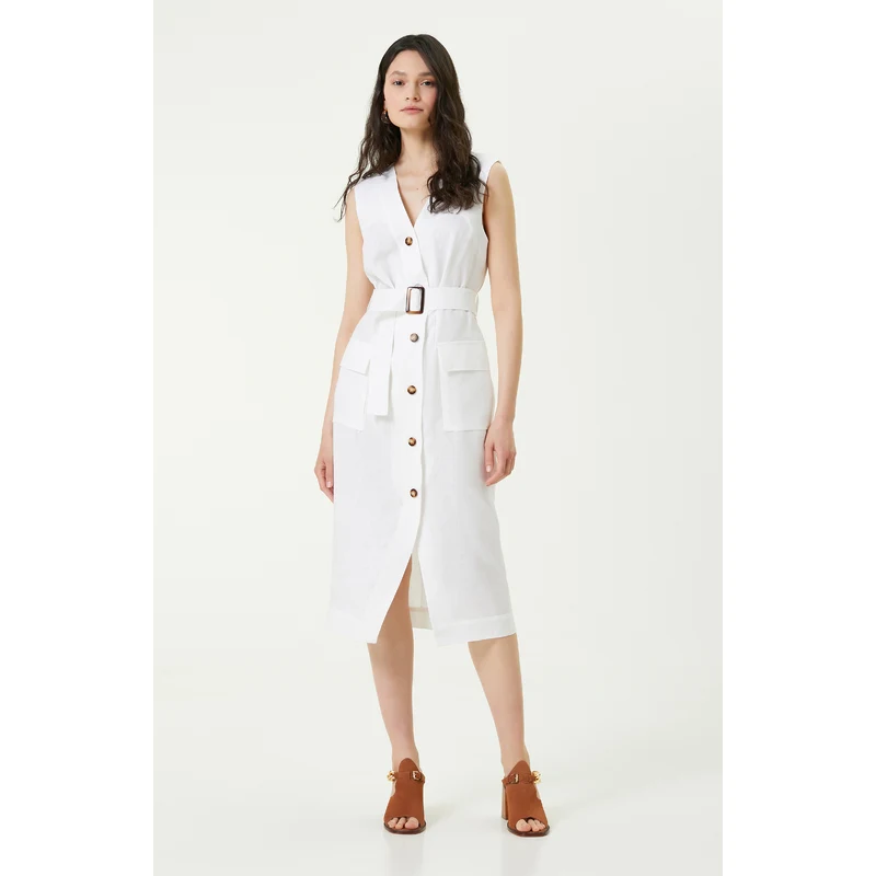 NetWork Beyaz Keten Midi Boy Elbise