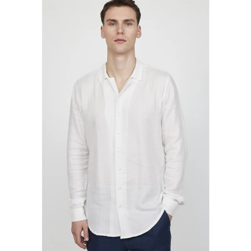 TUDORS Slim Fit Uzun Kol Desenli Müslim Kumaş Apaj Yaka Beyaz Gömlek