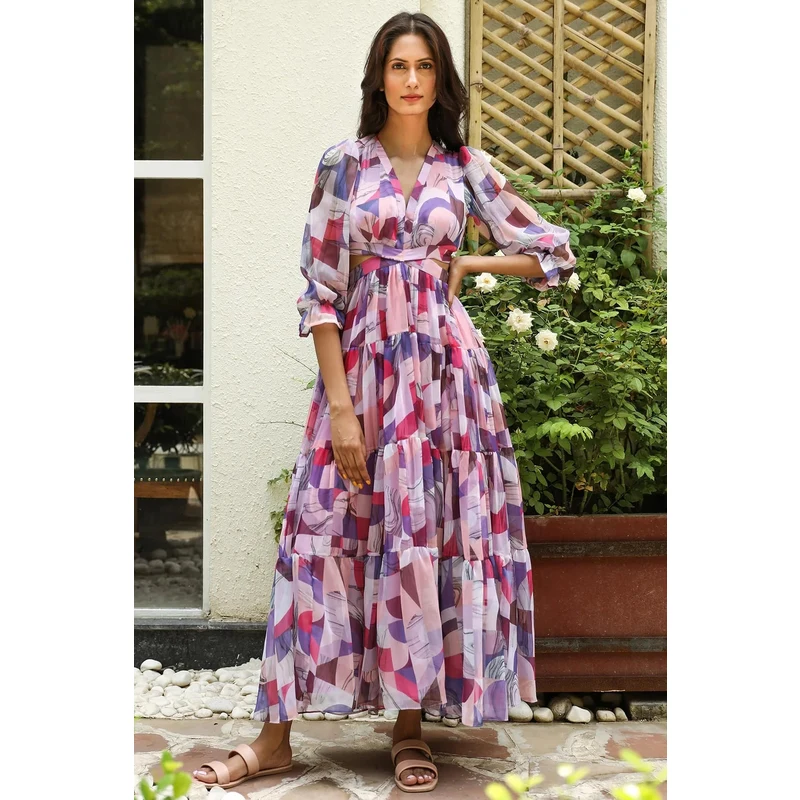 Aroop Tiered Chiffon Maxi Dress - Soft Red Violet