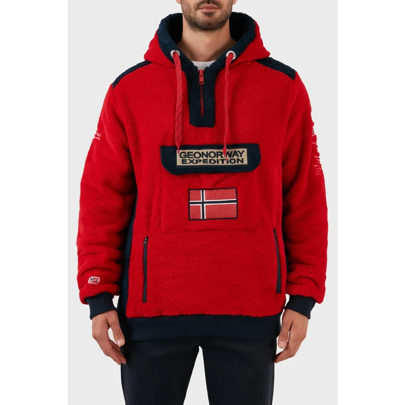 Norway Geographical Pamuklu Yumuşak Dokulu Soğuğa Dayanıklı Kapüşonlu Erkek Polar Gymclass Shercoe Kırmızı