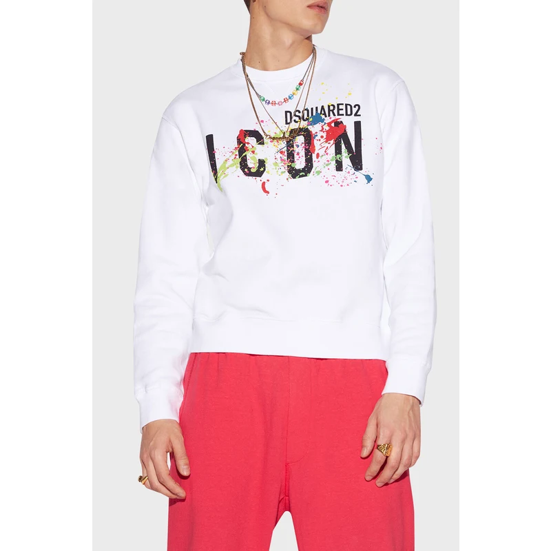 Dsquared2 Baskılı Bisiklet Yaka Pamuklu Slim Fit Erkek Sweat S79gu0073 S25516 100 Beyaz