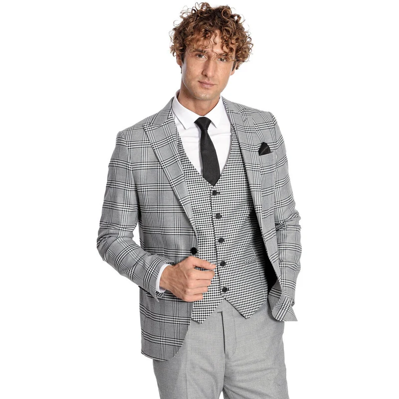 Wessi Slim Fit Patterned Checked Grey Men Suit