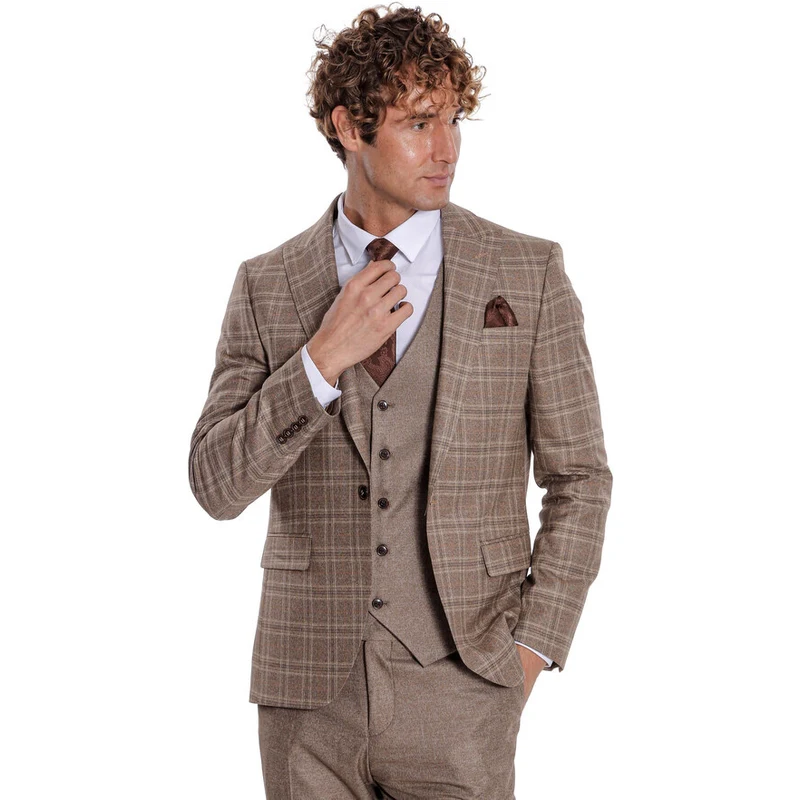 Wessi Checked Slim Fit Light Brown Men Suit