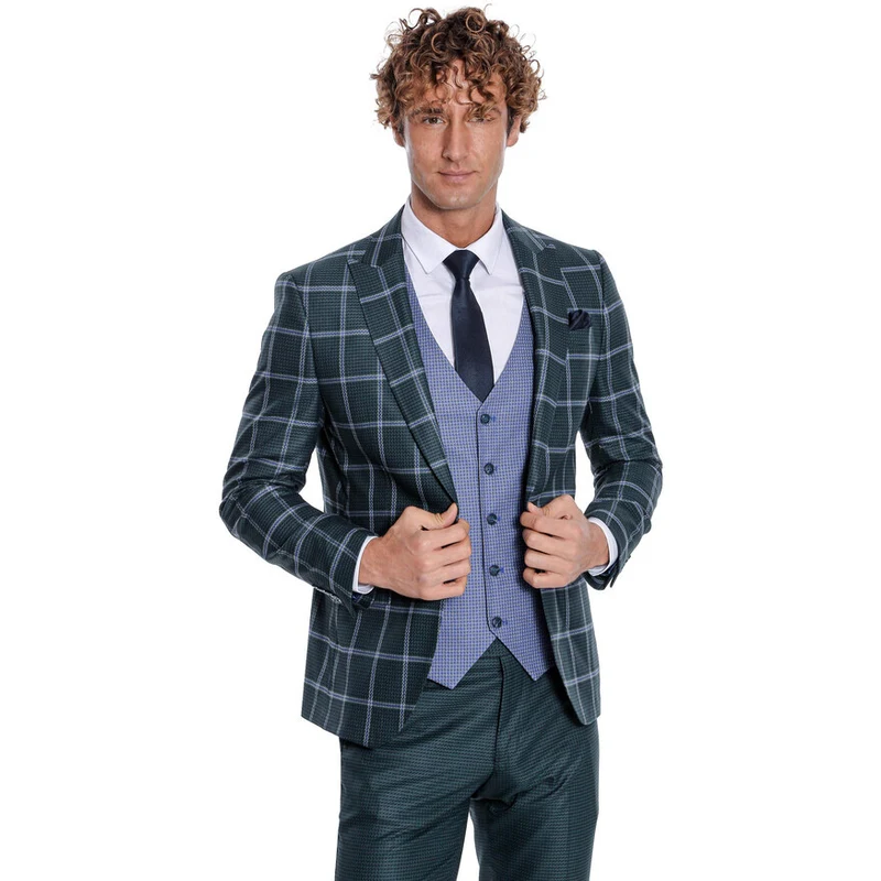 Wessi Checked Patterned Slim Fit Green Men Suit Wessi Checked Patterned Slim Fit Green Men Suit