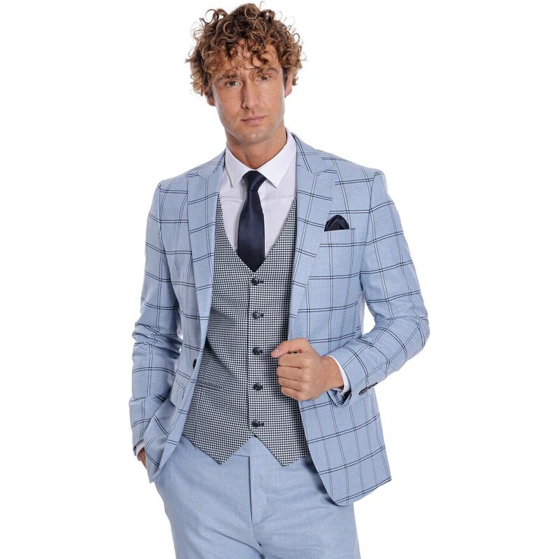 Wessi Checked Patterned Slim Fit Light Blue Men Suit Wessi Checked Patterned Slim Fit Light Blue Men Suit