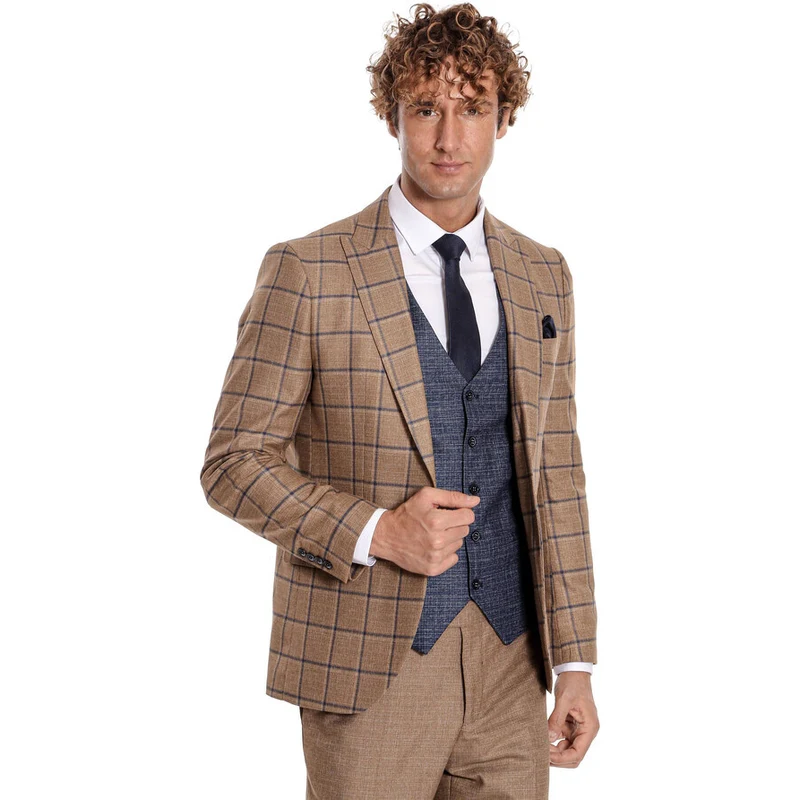 Wessi Slim Fit Checked Patterned Brown Men Suit