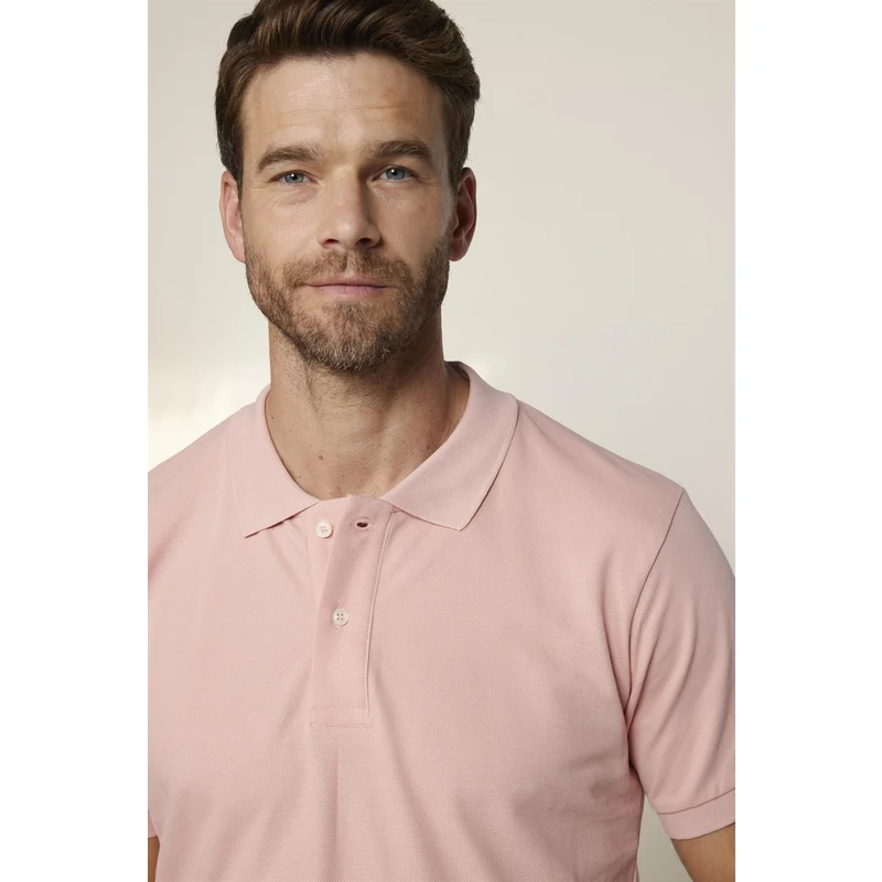 TUDORS Erkek Polo Yaka Slim Fit Düz Pamuk Pike Pembe Tişört RQ9311