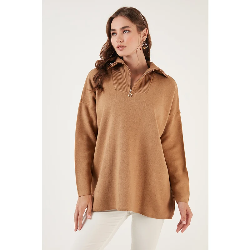 Lela Yarım Fermuarlı Oversize Triko Bayan Kazak 4616079 Camel