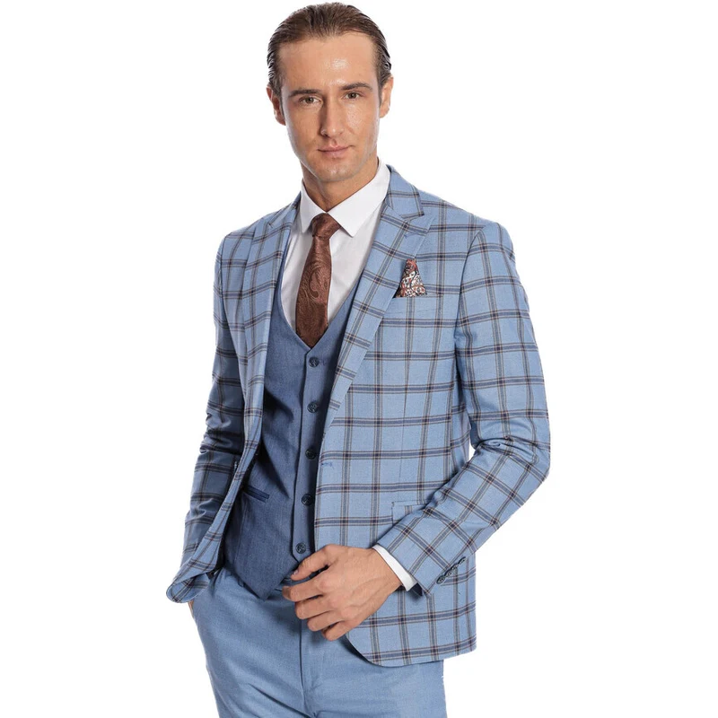Wessi Checked Patterned Slim Fit Blue Men Suit Wessi Checked Patterned Slim Fit Blue Men Suit