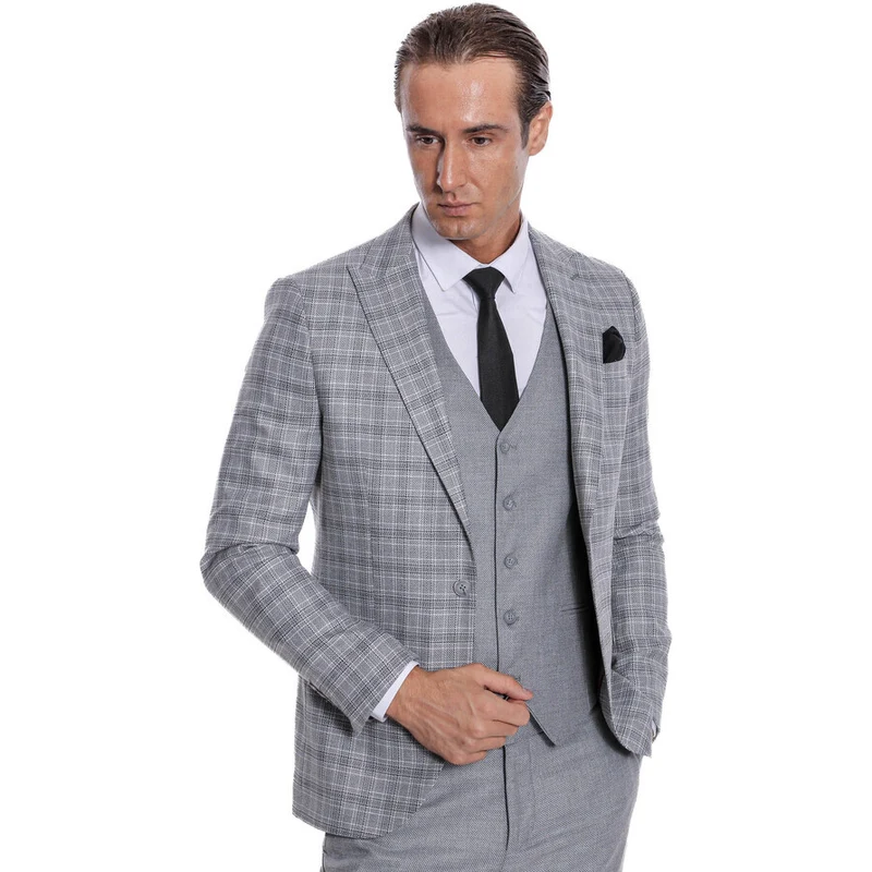 Wessi Checked Slim Fit Light Grey Men Suit