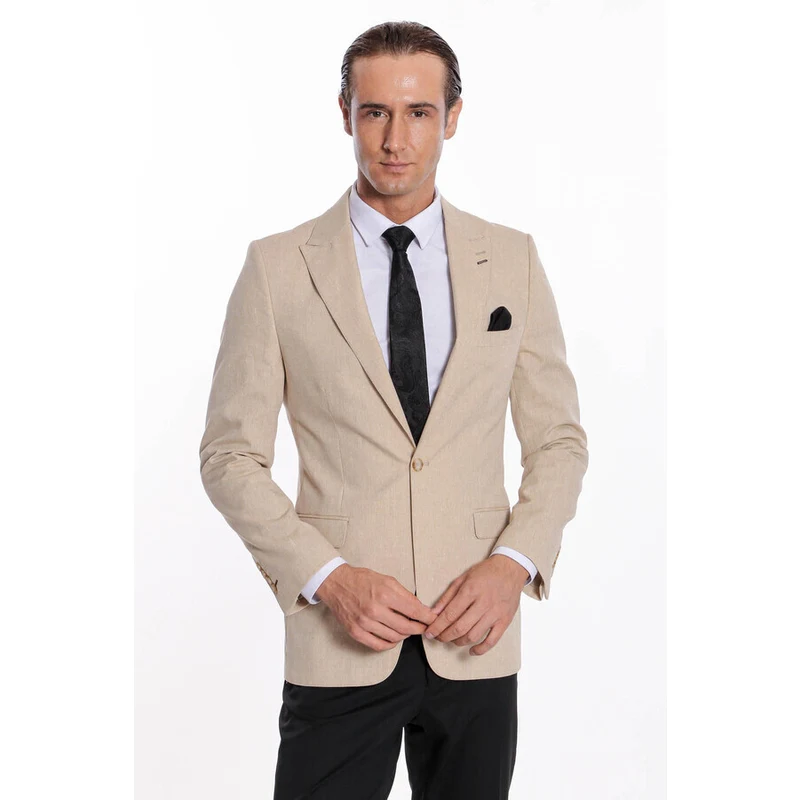 Wessi Slim-Fit Peak Lapel Beige Jacket