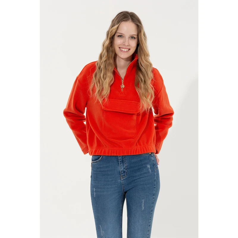 U.S. Polo Assn. Kadın Kırmızı Dik Yaka Sweatshirt