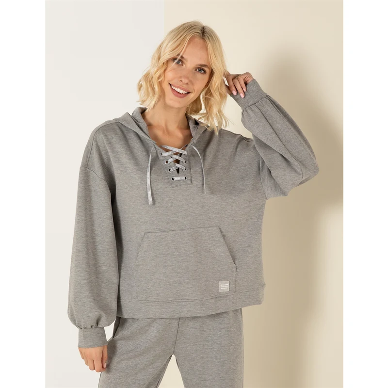 Pierre Cardin Gri Melanj Oversize Kapüşonlu Sweatshirt