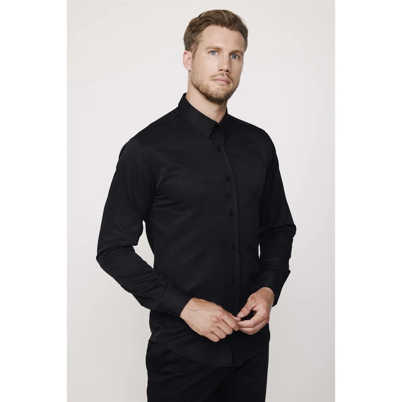 TUDORS Modern Slim Fit Pamuklu Kolay Ütü Armürlü Erkek Siyah Gömlek