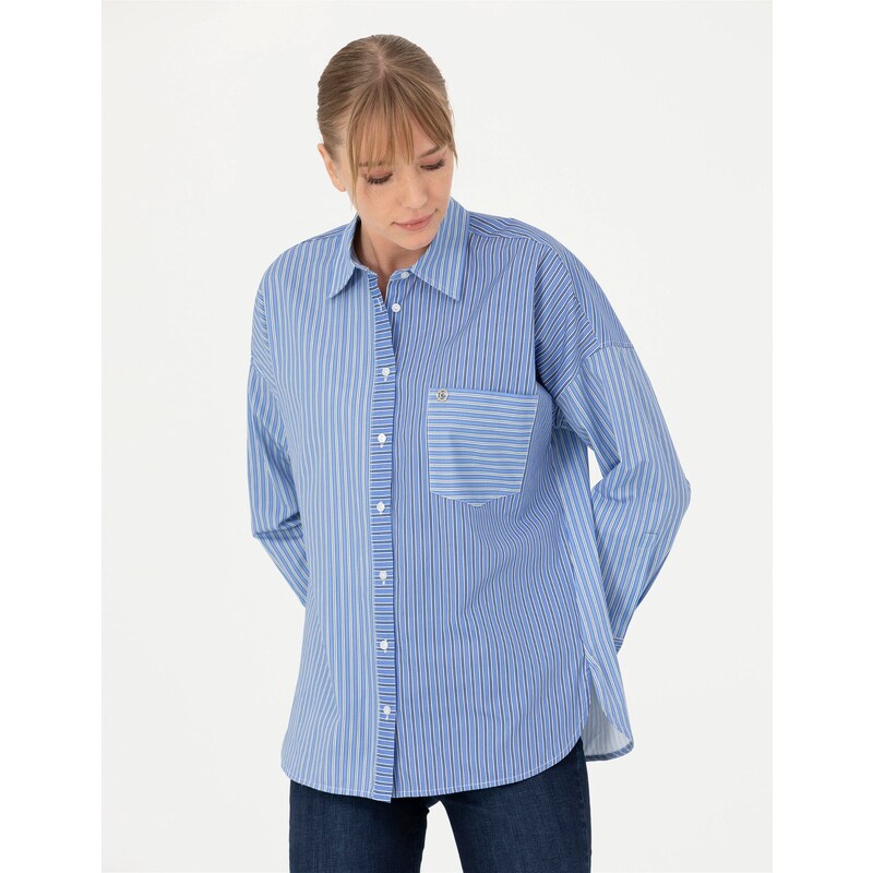 Pierre Cardin Mavi Oversize Uzun Kollu Gömlek