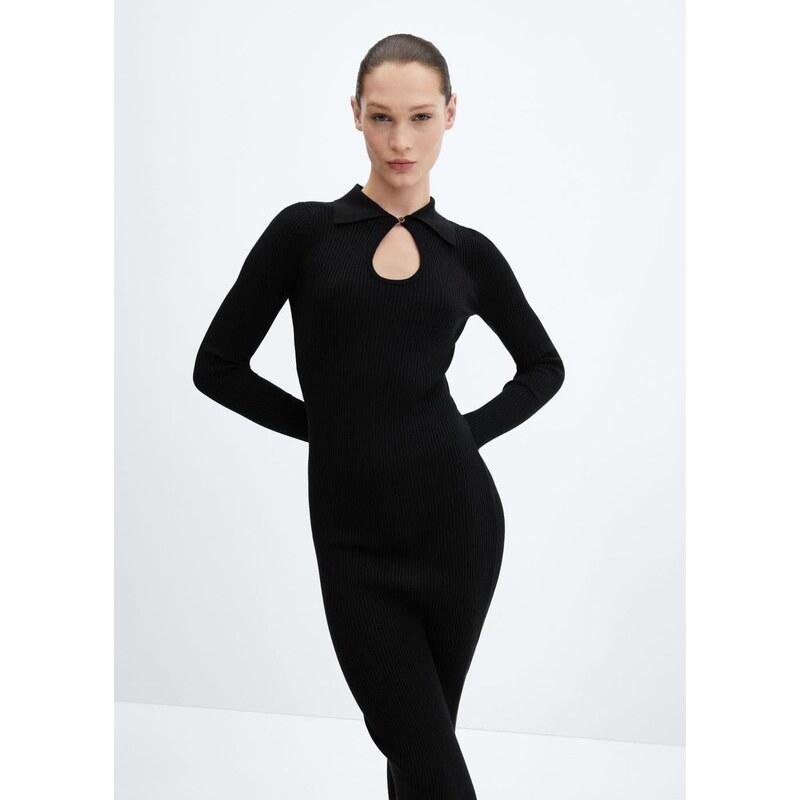 Mango Kadın Yırtmaçlı Ribana Triko Elbise Siyah