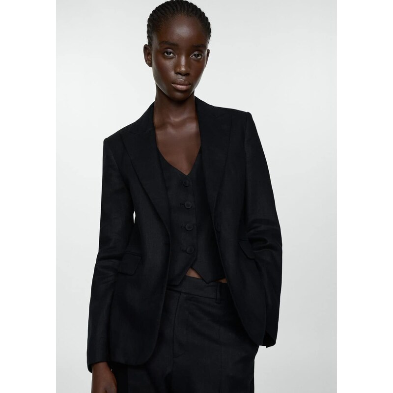 Mango Kadın %100 Keten Kumaş Blazer Ceket Siyah