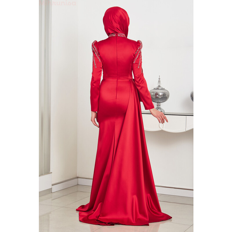 Rana Zenn Önü Drapeli Taş Detay Kuyruklu Saten Alina Abiye - Kırmızı