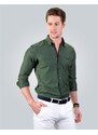 TUDORS Erkek Slim Fit Dar Kesim Uzun Kollu Pamuklu Kolay Ütülenebilir Düğmeli Yaka Düz Yeşil Spor Gömlek