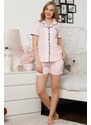 Akbeniz Kadın Beyaz Pembe Pamuklu Düğmeli Cepli Şortlu Pijama Takım 4301