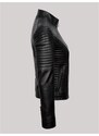 Derimont's Hakiki Deri Siyah Düz Çizgi Desenli Kolları Fermuarlı Yandan Cepli Kadın Deri Mont