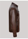 Derimont's Hakiki Deri Kahverengi Erkek Deri Mont Düz Çizgi Desenli Yan Cep Fermuarlı Deri Ceket
