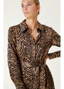 NetWork Camel Rengi Desenli Gömlek Elbise