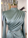 Rana Zenn Önü Drapeli Taş Şerit Detay Kalem Model Saten Nare Abiye - Mint