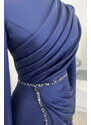 Rana Zenn Önü Drapeli Taş Şerit Detay Kalem Model Saten Nare Abiye - Lacivert