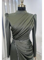 Rana Zenn Önü Drapeli Taş Şerit Detay Kalem Model Saten Nare Abiye - Haki