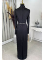 Rana Zenn Önü Drapeli Taş Şerit Detay Kalem Model Saten Nare Abiye - Siyah