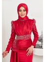 Rana Zenn Önü Drapeli Taş Detay Kuyruklu Saten Alina Abiye - Kırmızı